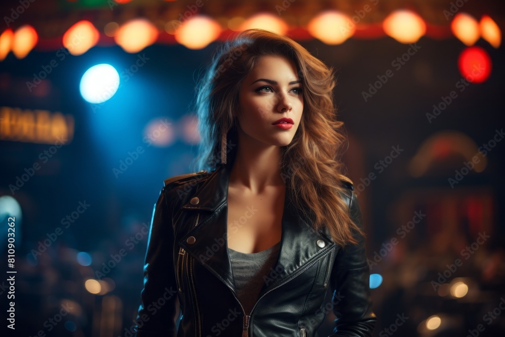 Wall mural Portrait of a tender woman in her 20s sporting a classic leather jacket isolated in lively concert stage