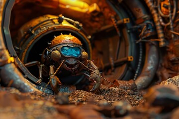 A cute of a burrowing insect dressed in a miners outfit, digging through an artificial underground habitat with cyberpunk 80s styles, Sharpen banner with copy space
