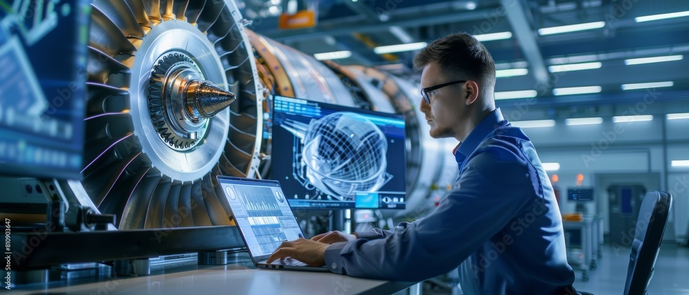 Poster an engineer researching and analyzing how a futuristic turbofan motor works using a laptop computer.