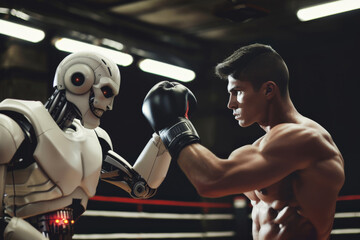Athletic boxer engaging in a futuristic workout with robotic sparring partner.