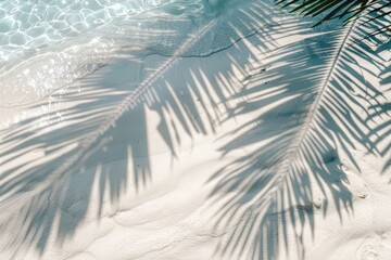 Tropical Serenity. A tranquil aerial view of crystal-clear water rippling under palm tree shadows on a beach.. Beautiful simple AI generated image in 4K, unique.