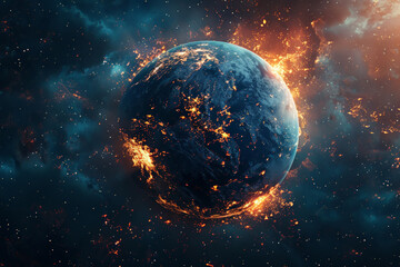 Cataclysmic apocalypse: Fiery destruction engulfs Earth in a cosmic, catastrophic end scenario.