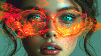 A woman's face is covered in flames, with her eyes
