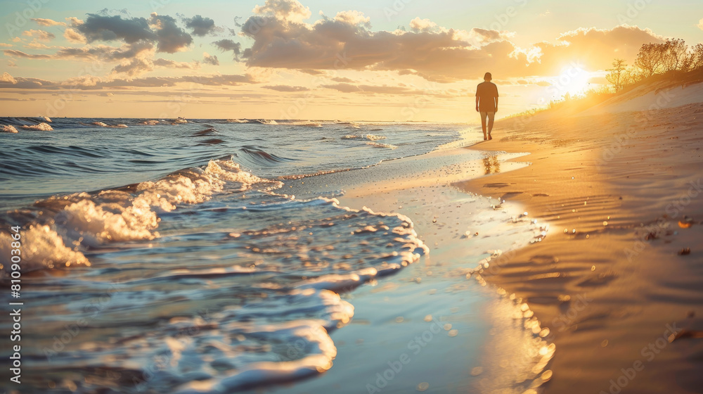 Wall mural solitary figure walking along a serene beach at sunset contemplating nature's beauty