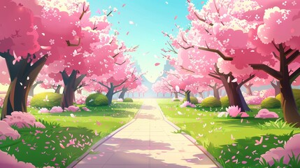 Pink sakura trees line the streets of a city park. Illustration of a public garden with blossoming cherry blossoms, green grass and alleys for relaxation and recreation.