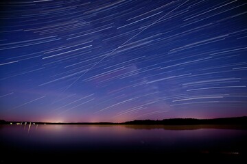 celestial equator, startrails in the spring sky, star trails, space station flyby, iss, satellite, traces in the sky, blue sky, reflection in the lake surface, long exposure, sky in May, night sky