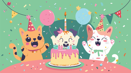 Funny animals with birthday cake. Cool fashion pets white