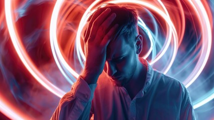 The vertigo illness concept involves a man clutching his head experiencing a pounding headache and a disorienting sensation of spinning dizziness stemming from issues within the inner ear b