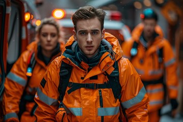 Fototapeta premium A focused emergency responder in a high-visibility jacket looks seriously ahead, with colleagues in the background