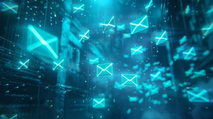 Digital background with glowing envelopes floating in the air