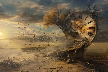 ephemeral concept of time abstract surrealist illustration. Surrealism art with clock.