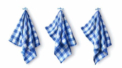 Blue checkered towels folded, hanging, and top view isolated on white background. Realistic modern illustration of napkin, cozy kitchen interior design element.