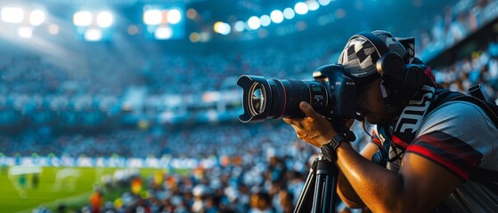 Professional Press Officer, Sports Photographer with Zoom Lens Shooting Football Championship match...