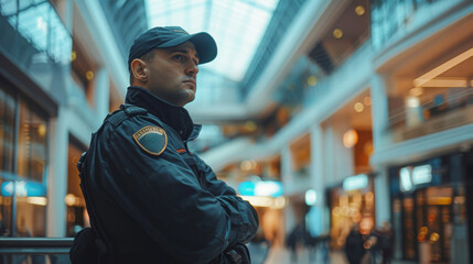Naklejka premium Security guard in black uniform stands alert in a bustling shopping mall
