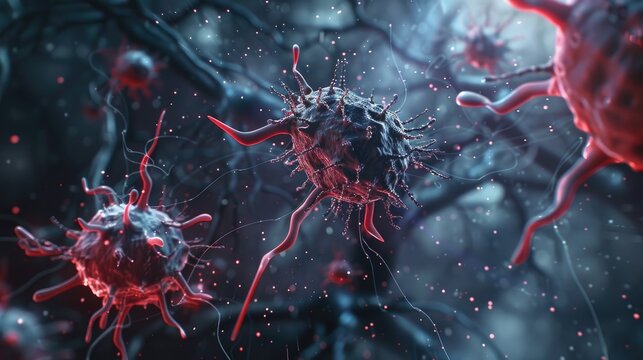 Illustrating viruses attacking nerve cells in a 3D format this concept art pertains to neurological diseases tumors and brain surgery - Powered by Adobe