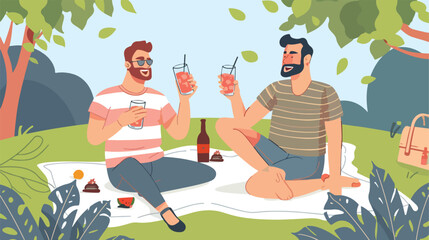 Gay couple talking at picnic. Friends drinking cockta