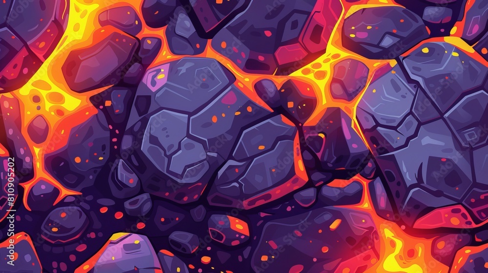Poster a seamless pattern of color lava with hexagonal stones. fantasy volcanic ground texture with glowing