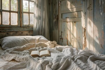 open book in bed in the morning in rustic room interior of countryside house kinfolk and cottage core lifestyle with wooden furniture. slow life concept.