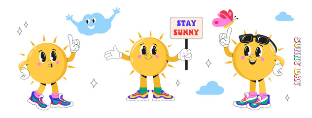 The sun with a face, in stylish sneakers with a butterfly, a cloud, with a sign in his hands. A set of Sun Characters. Sticker, poster, print, design templates. Hand drawn vector illustration