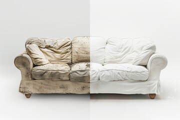 side by side comparison of the room with couch before and after cleaning service - dirty interior vs clean. 