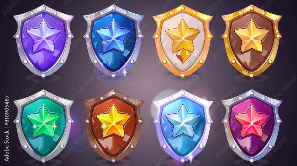 Poster a set of game ranking badges with shields with stars isolated on a white background. certificate ico