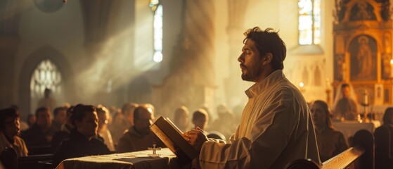 Christian Church: Minister Leads Congregation In Prayer, Reads From Holy Book, The Bible. Portrait of Priest Providing Guidance, Belief, Hope, Solace.