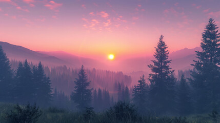 Obraz premium Captivating sunset over serene mountain landscape with lush forests