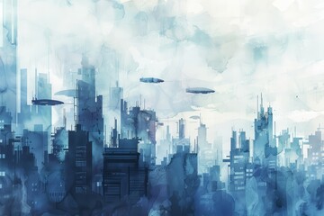 A watercolor of a futuristic cityscape, blending sleek skyscrapers with hovering transport vehicles in minimal styles, clipart watercolor easy detail on white background