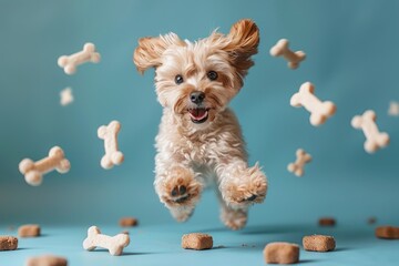 A dog surrounded with floating bone, Dog Biscuits, Professional studio photography