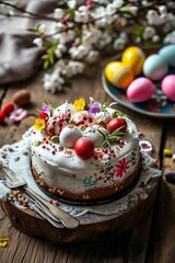 Easter cake and eggs on the table. Selective focus.