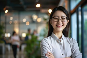 Professional Asian woman with glasses stands confidently in an office setting. Fictional Character Created By Generative AI. 