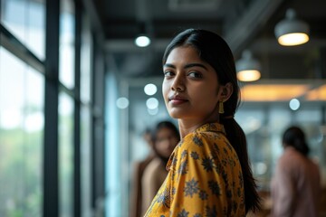 A woman in a patterned dress stands in a bright room Fictional Character Created By Generative AI. 