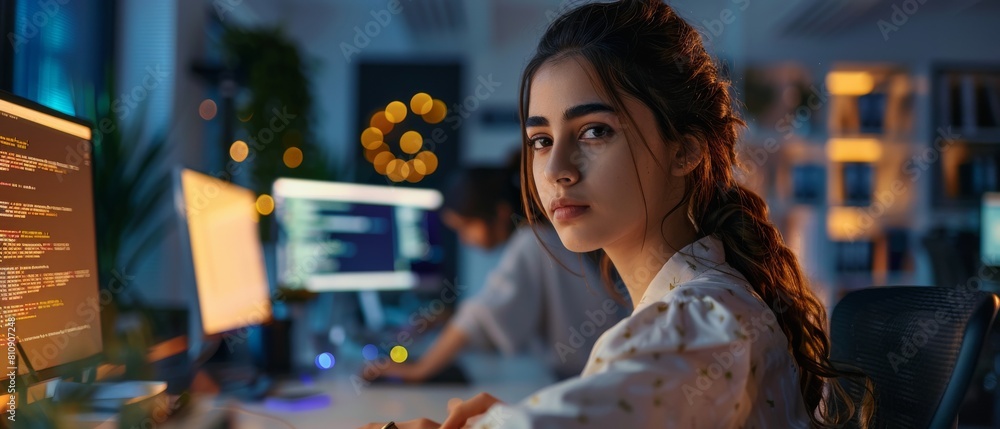 Poster a middle eastern engineer works on a computer in a technological corporate office. she writes softwa