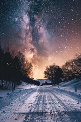 Freezing night on a snowy road cutting through a dark forest