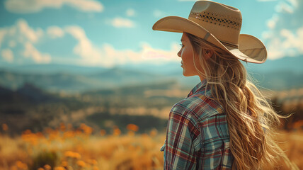 Woman wearing cowgirl hat looking away