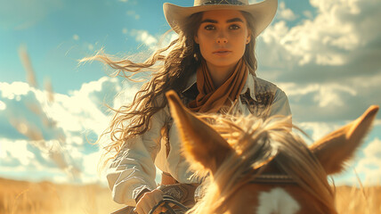Cowgirl riding on her horse