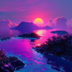 Creative colorful landscape of a tropical atoll, using synthwave color to highlight its unique and vibrant ecosystem, banner template sharpen with copy space