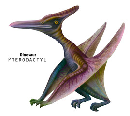 pterodactyl illustration. Sitting dinosaur with its wings folded. Violet, green dino © inna72