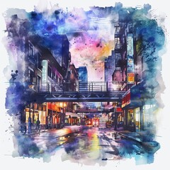 Creative watercolor of a bustling urban area, capturing the dynamic architecture and vibrant street life in minimal styles, clipart watercolor on white background
