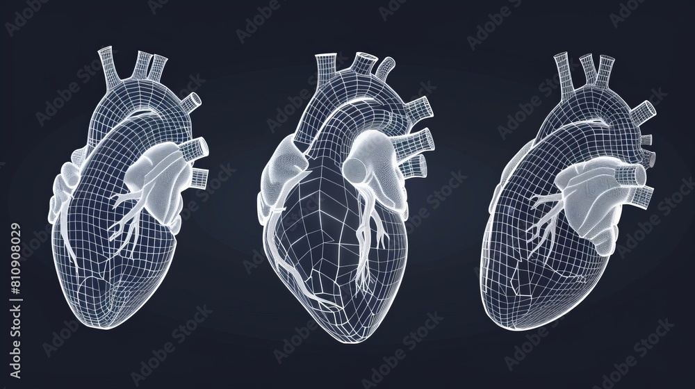 Poster a three dimensional wireframe heart shape with a polygon sphere, set against a dark background with 
