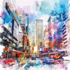 Creative watercolor of a bustling urban area, capturing the dynamic architecture and vibrant street life in minimal styles, clipart watercolor on white background