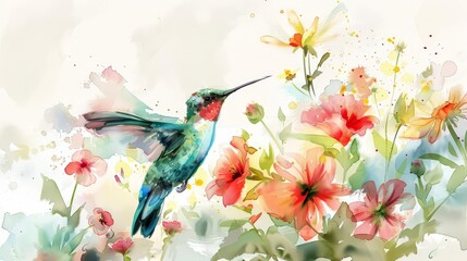 Creative watercolor of a delicate hummingbird hovering over vibrant flowers, portrayed in vintage styles, clipart watercolor on white background