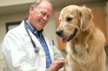 Smiling veterinarian with dog