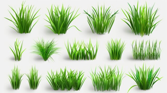 An illustration of a realistic set of green grass sprouts isolated against a transparent background. A modern illustration of a lawn plant, garden decoration element, football pitch surface, fresh
