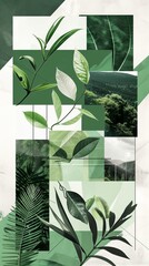 This collage art features varied textures and hues of greenery, symbolizing sustainability and our connection with mother nature and planet earth