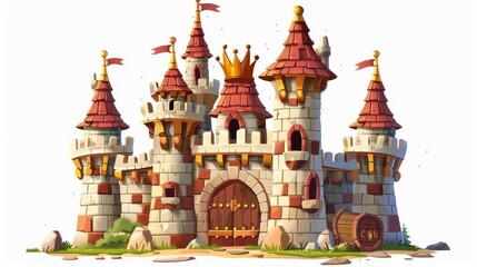 An illustration of a magical princess castle with a gold crown. Fantasy fairytale fortress with stone walls, wooden gates, arch and towers isolated on white.