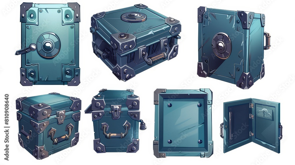 Poster safe box set with an open and closed door. 3d steel vault icon with a lockable compartment. cartoon 