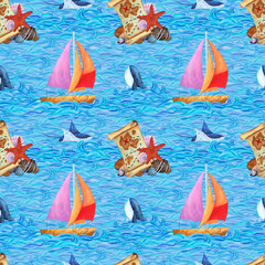 Sea stones, sailboat, sea animals stingray, whale, treasure map, against the backdrop of blue waves. Watercolor illustration. Seamless pattern. For fabrics, textiles, wallpaper, wrapping paper, design