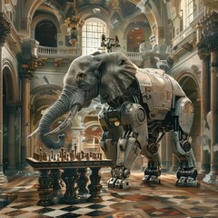 Envisioning a surreal art scene featuring a robotic elephant playing chess, set in a Renaissance style