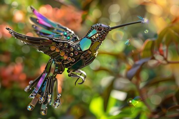 A beautiful hummingbird made of metal and glass, looks very real.